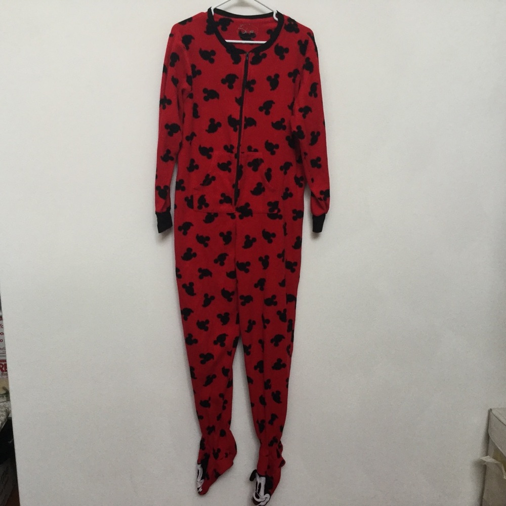 Disney Mickey Mouse Footie Pajama One Piece Size L 12/14 Red, Black Mouse